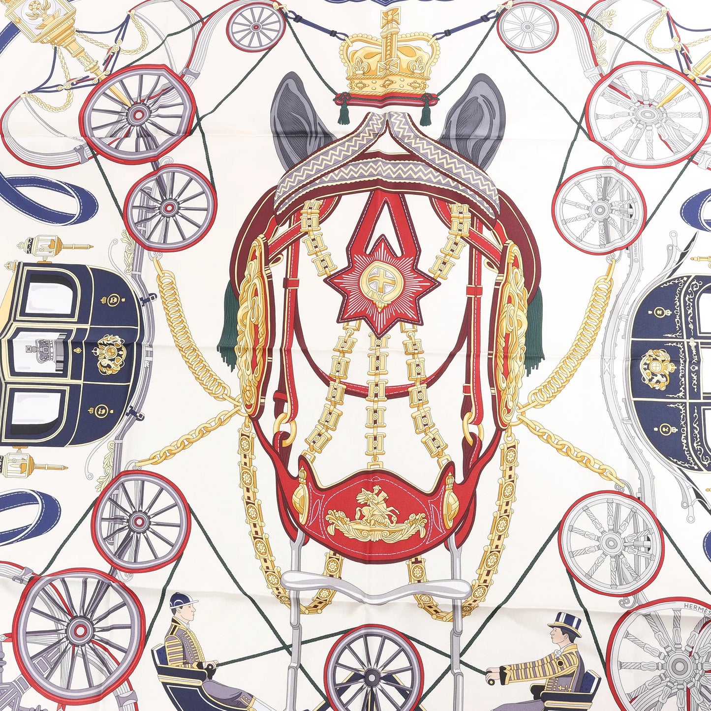 Hermès Carré 90 „STATELY WHEELS“ Seidentaschentuch in Ecru x Blau