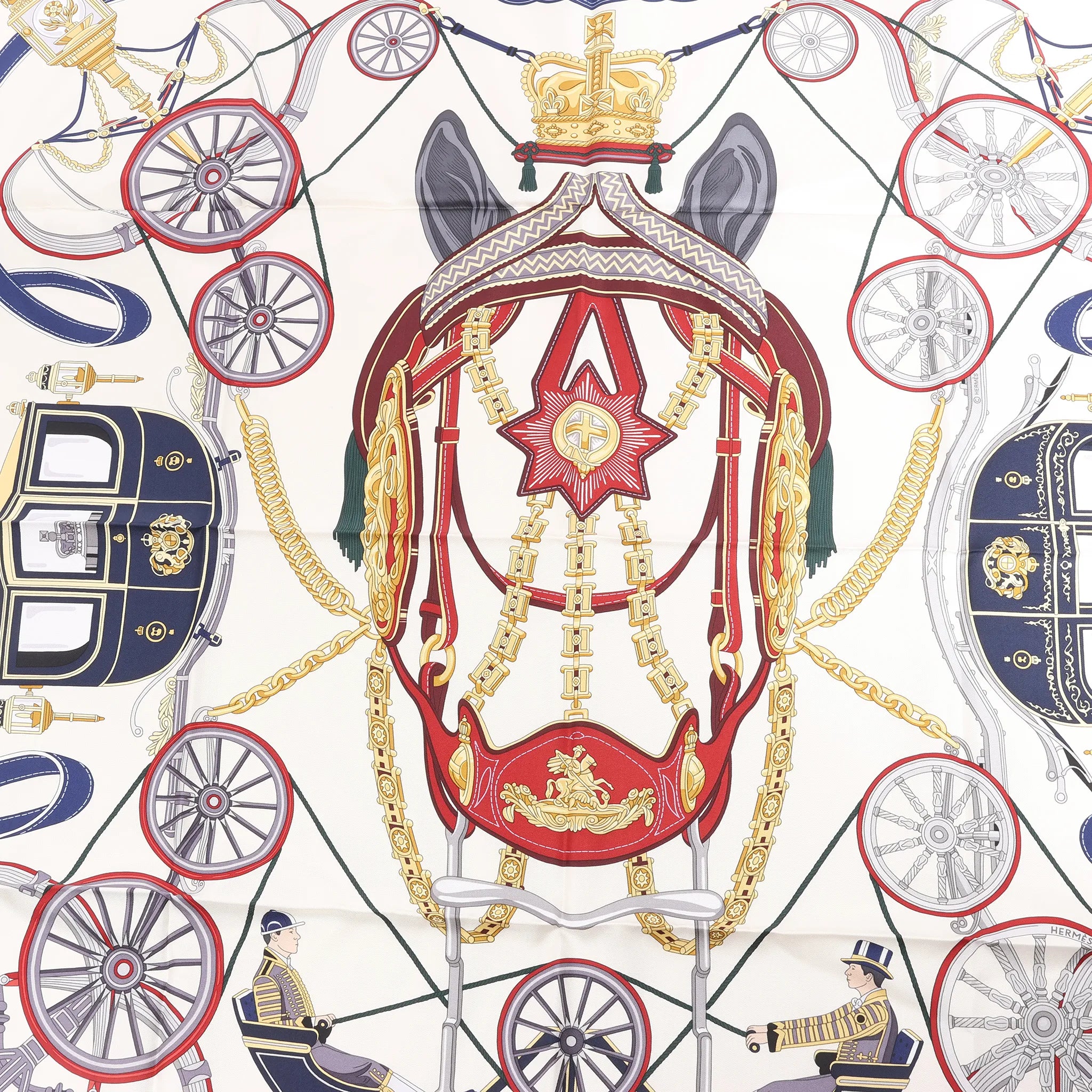 Hermès Carré 90 "STATELY WHEELS" Silk handkerchief in Ecru x Blue