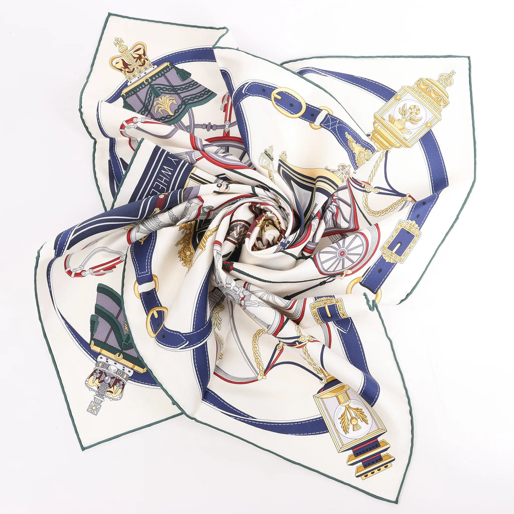 Hermès Carré 90 "STATELY WHEELS" Silk handkerchief in Ecru x Blue