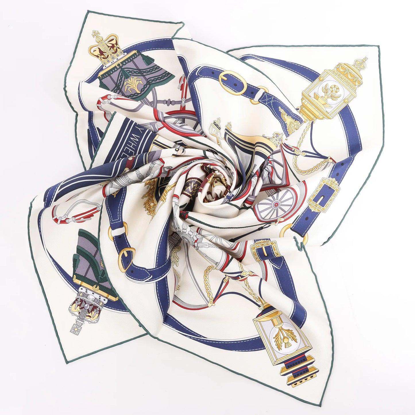 Hermès Carré 90 „STATELY WHEELS“ Seidentaschentuch in Ecru x Blau