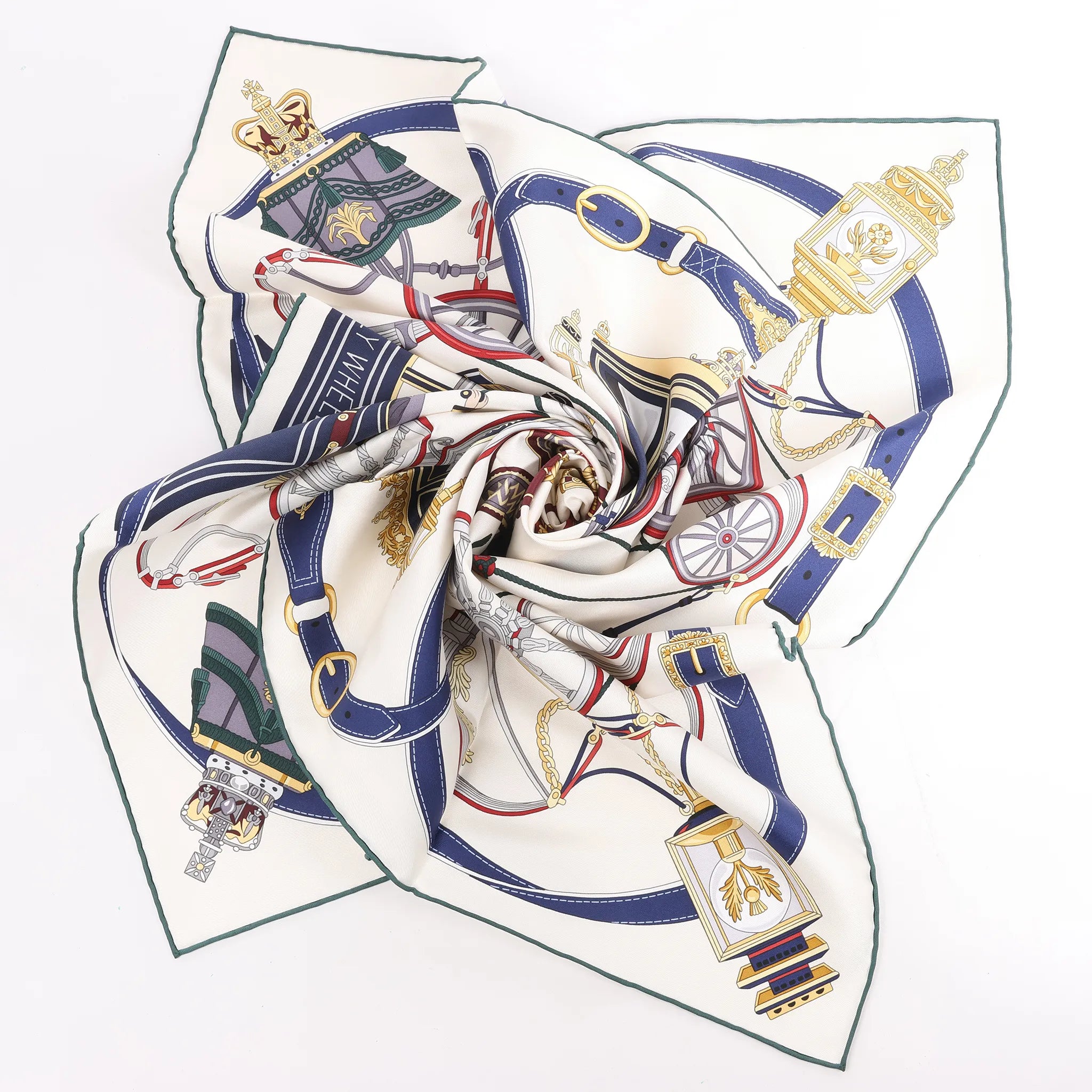 Hermès Carré 90 "STATELY WHEELS" Silk handkerchief in Ecru x Blue