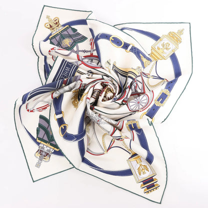 Hermès Carré 90 „STATELY WHEELS“ Seidentaschentuch in Ecru x Blau