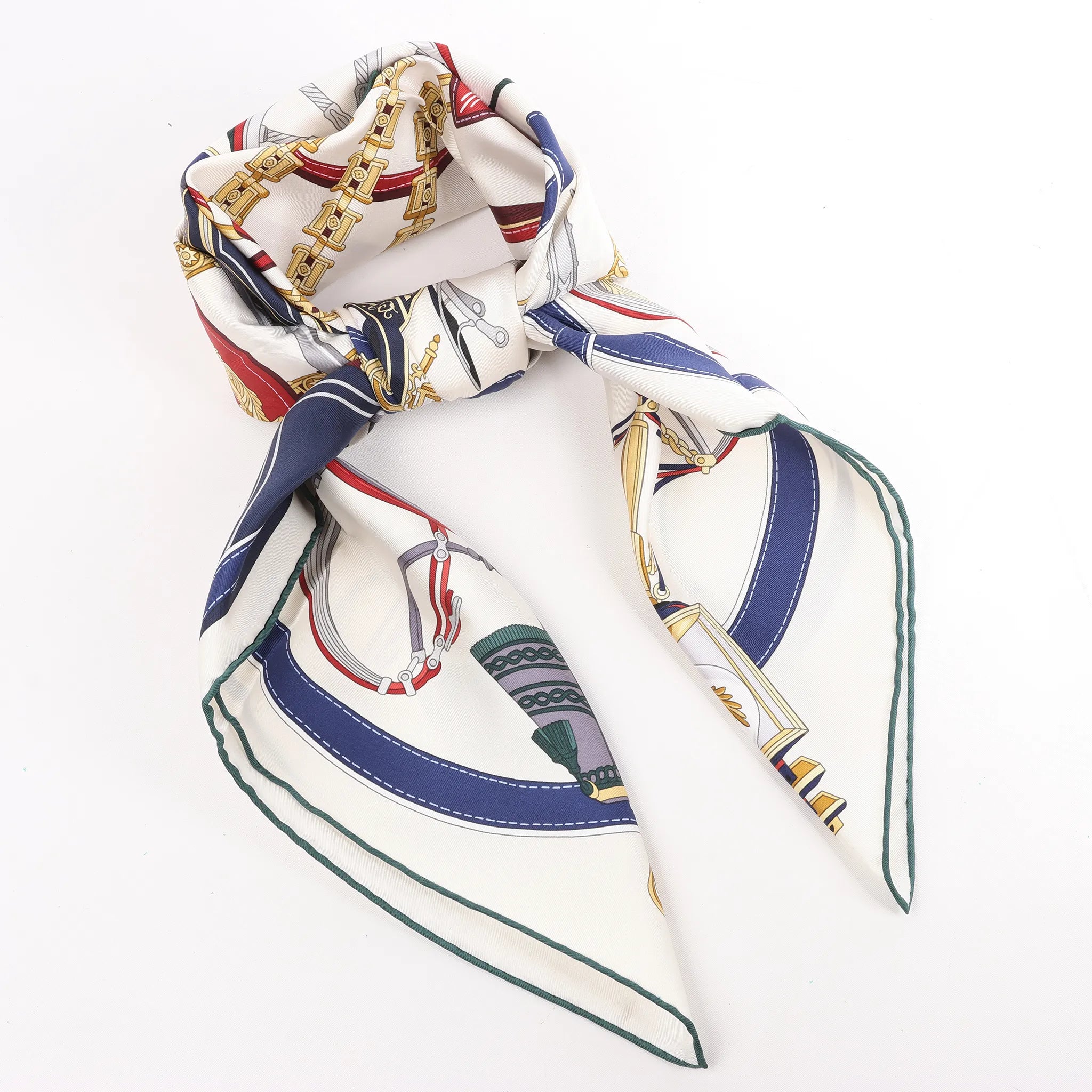 Hermès Carré 90 "STATELY WHEELS" Silk handkerchief in Ecru x Blue