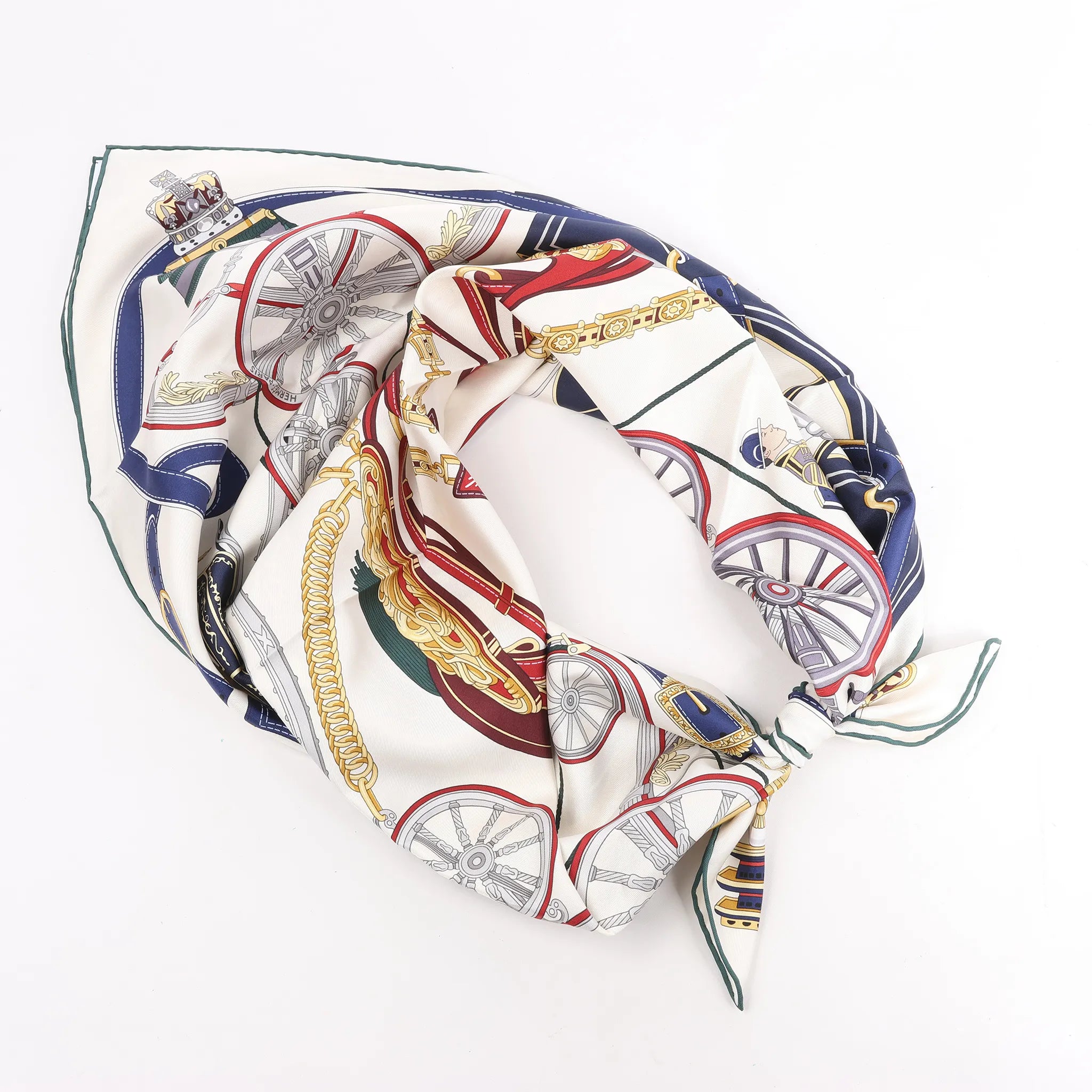 Hermès Carré 90 "STATELY WHEELS" Silk handkerchief in Ecru x Blue