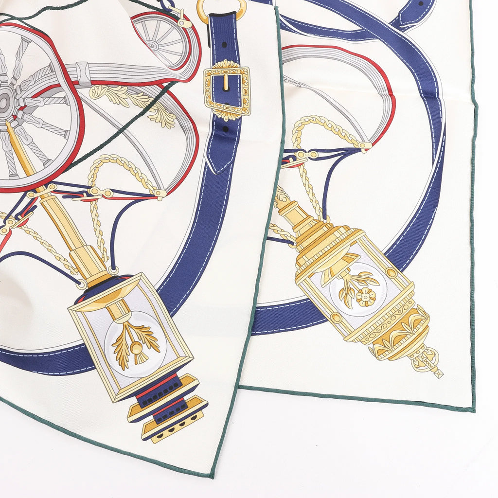 Hermès Carré 90 "STATELY WHEELS" Silk handkerchief in Ecru x Blue