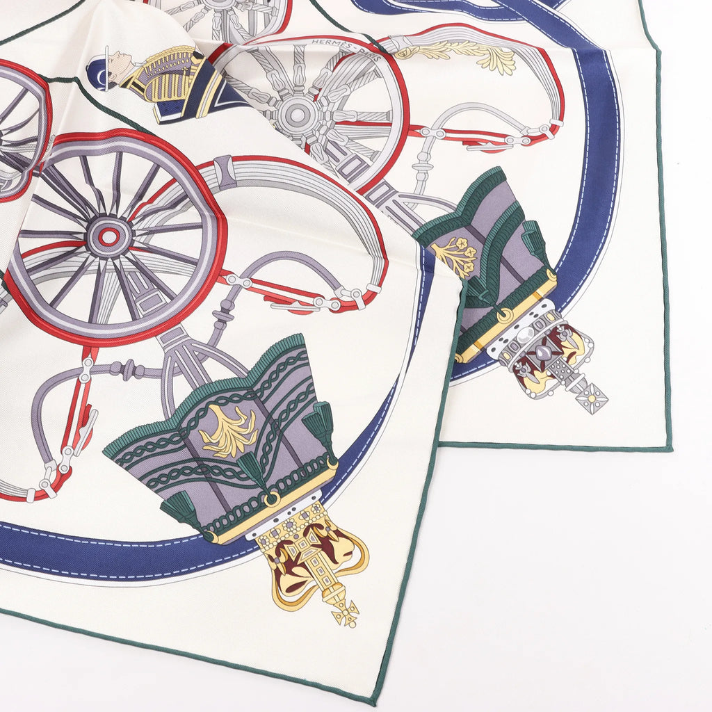 Hermès Carré 90 "STATELY WHEELS" Silk handkerchief in Ecru x Blue