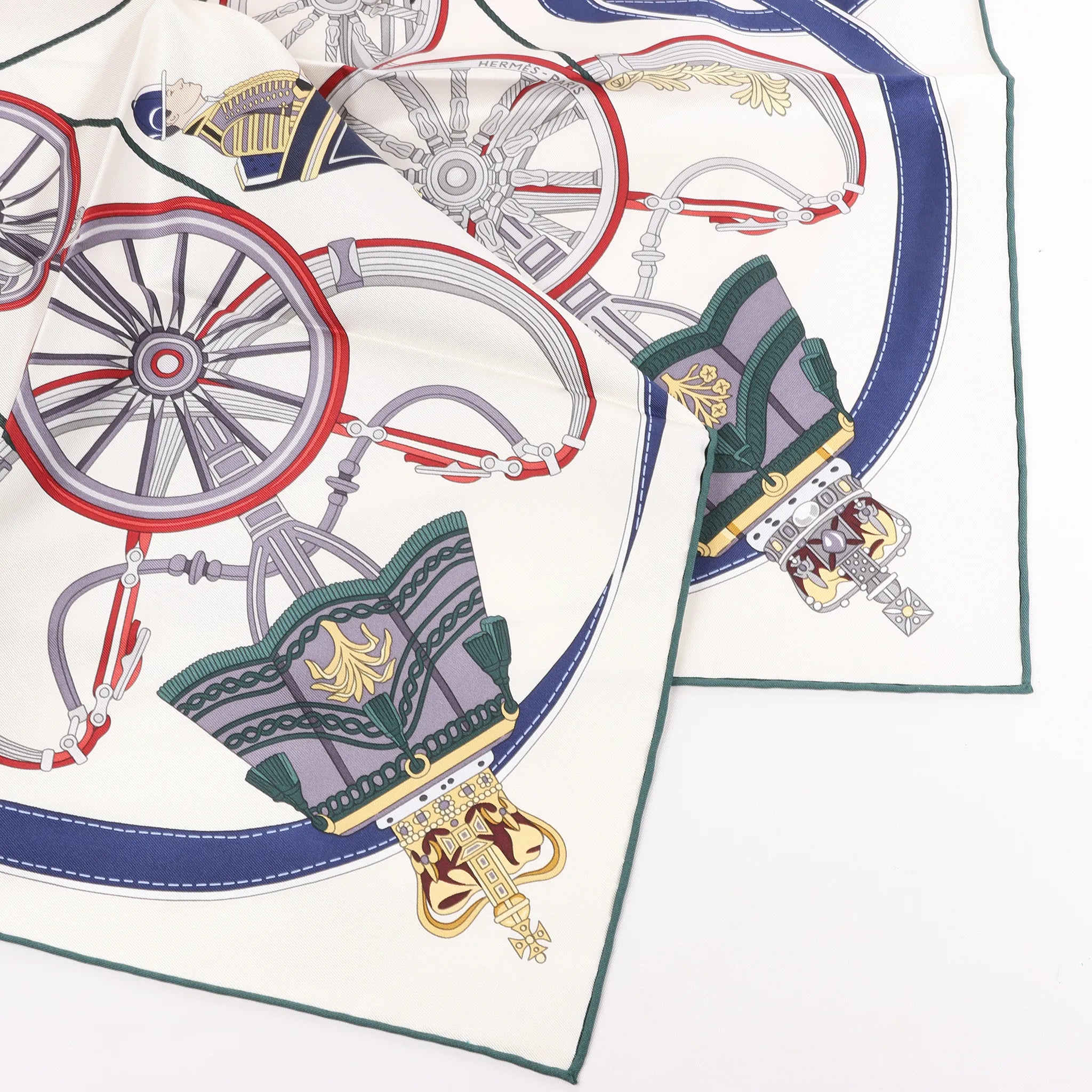Hermès Carré 90 "STATELY WHEELS" Silk handkerchief in Ecru x Blue
