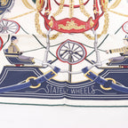 Hermès Carré 90 "STATELY WHEELS" Silk handkerchief in Ecru x Blue