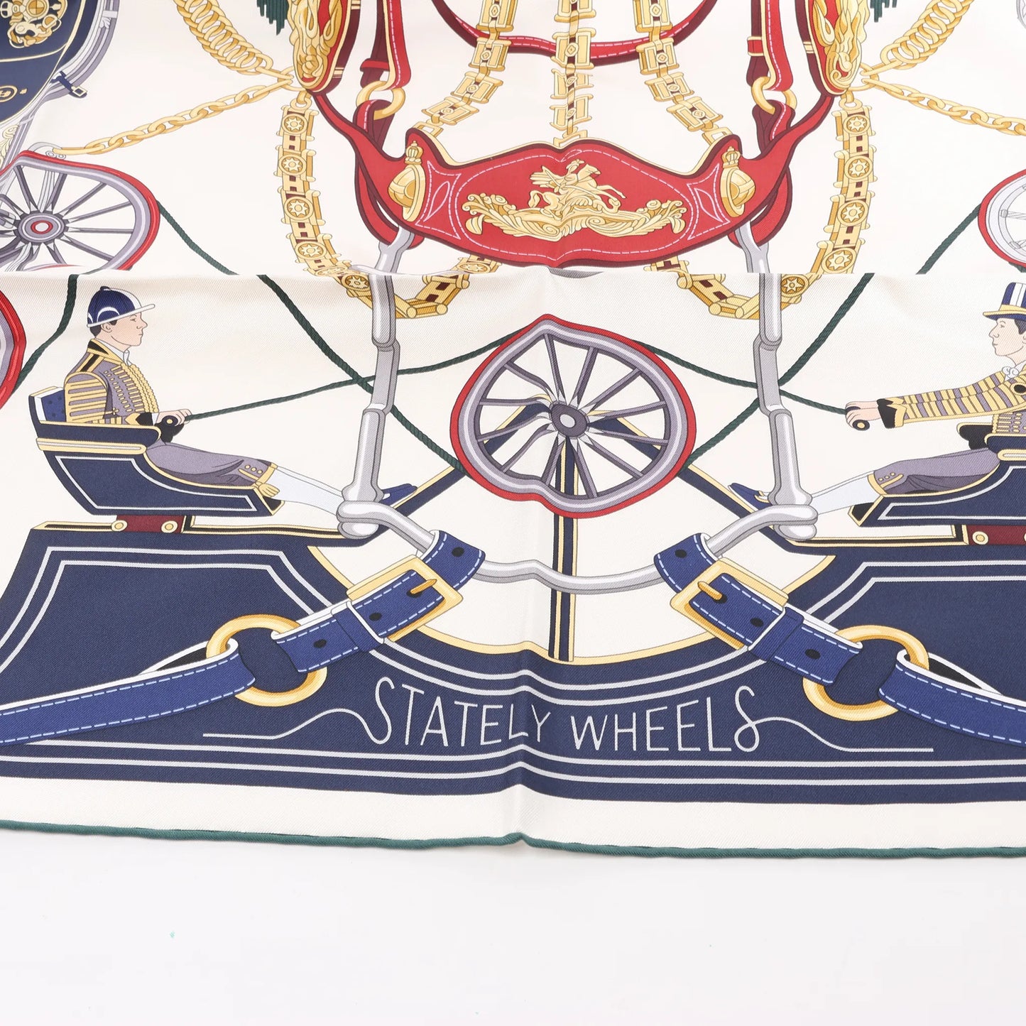 Hermès Carré 90 „STATELY WHEELS“ Seidentaschentuch in Ecru x Blau