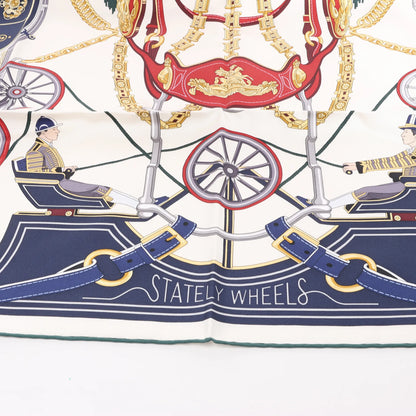 Hermès Carré 90 „STATELY WHEELS“ Seidentaschentuch in Ecru x Blau