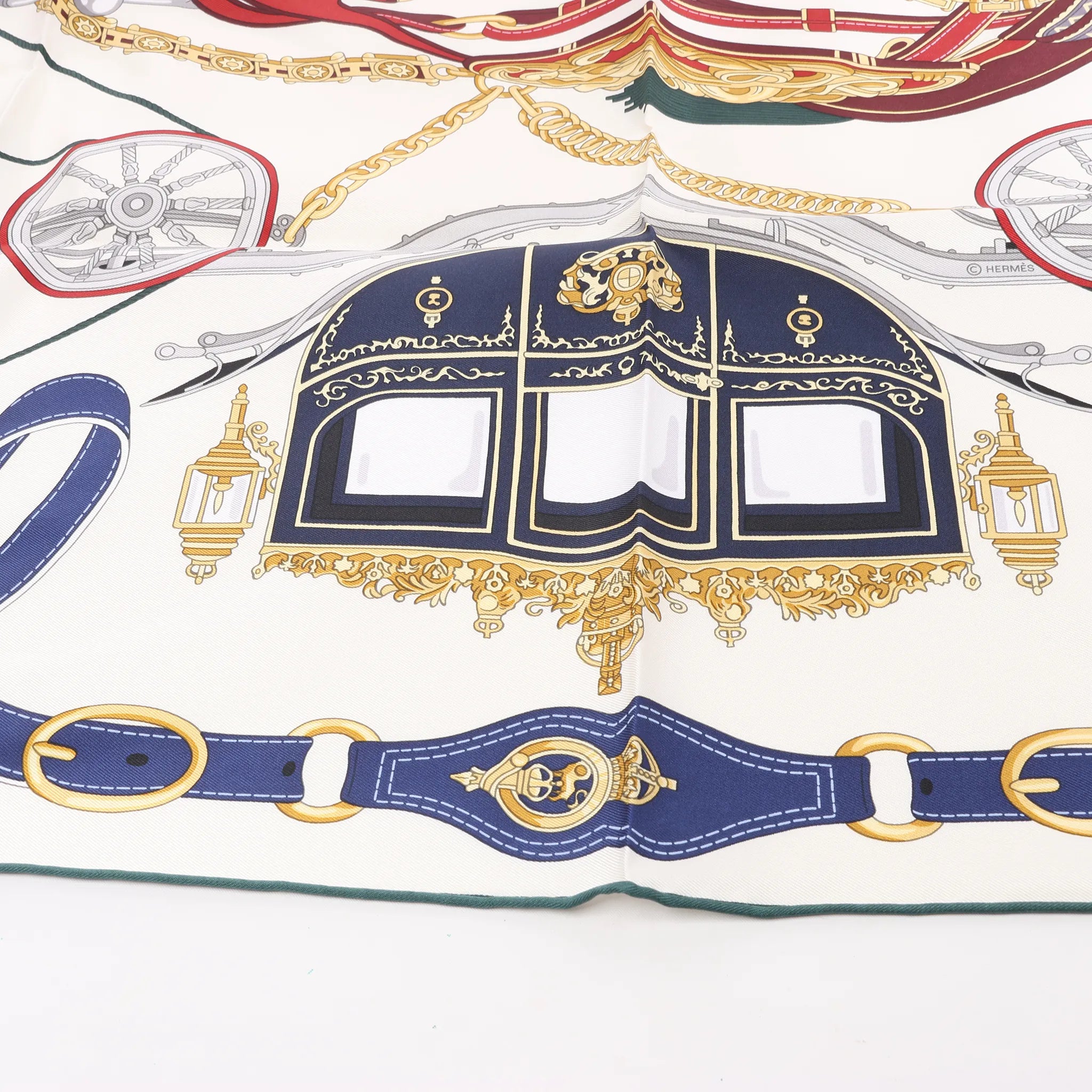 Hermès Carré 90 "STATELY WHEELS" Silk handkerchief in Ecru x Blue