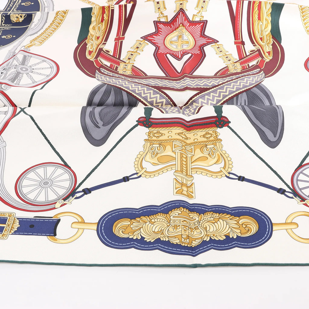 Hermès Carré 90 "STATELY WHEELS" Silk handkerchief in Ecru x Blue