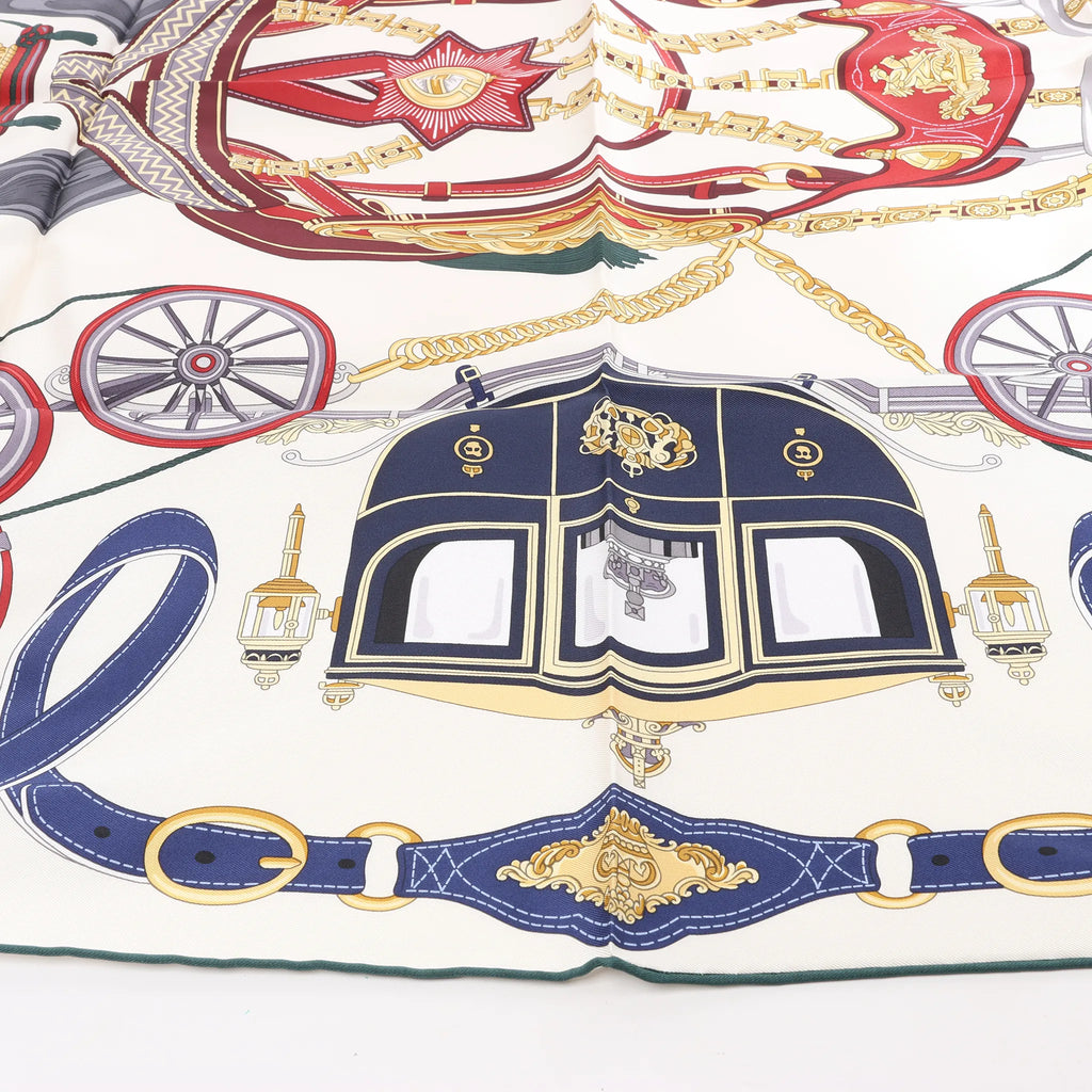 Hermès Carré 90 "STATELY WHEELS" Silk handkerchief in Ecru x Blue