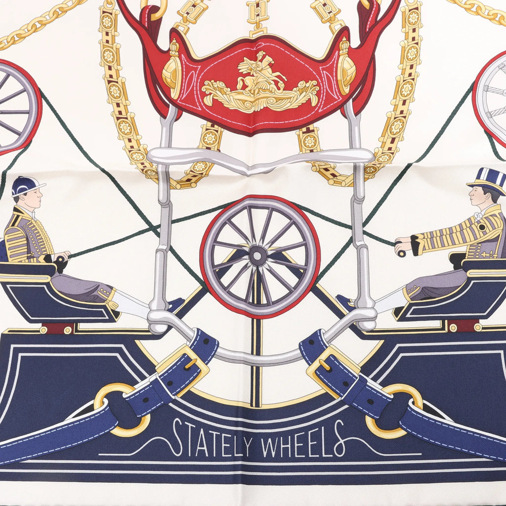 Hermès Carré 90 "STATELY WHEELS" Silk handkerchief in Ecru x Blue