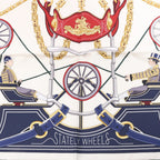 Hermès Carré 90 "STATELY WHEELS" Silk handkerchief in Ecru x Blue