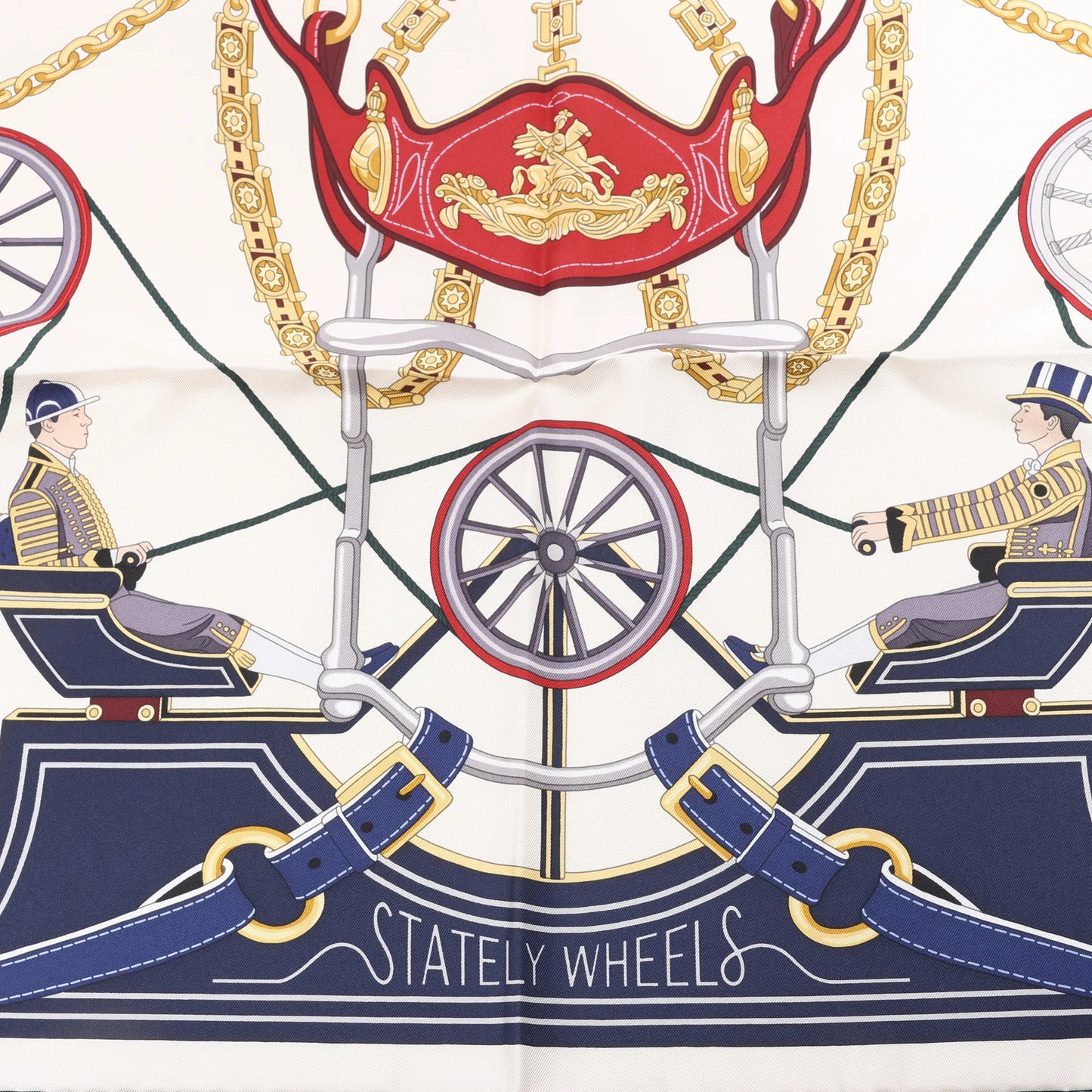 Hermès Carré 90 „STATELY WHEELS“ Seidentaschentuch in Ecru x Blau