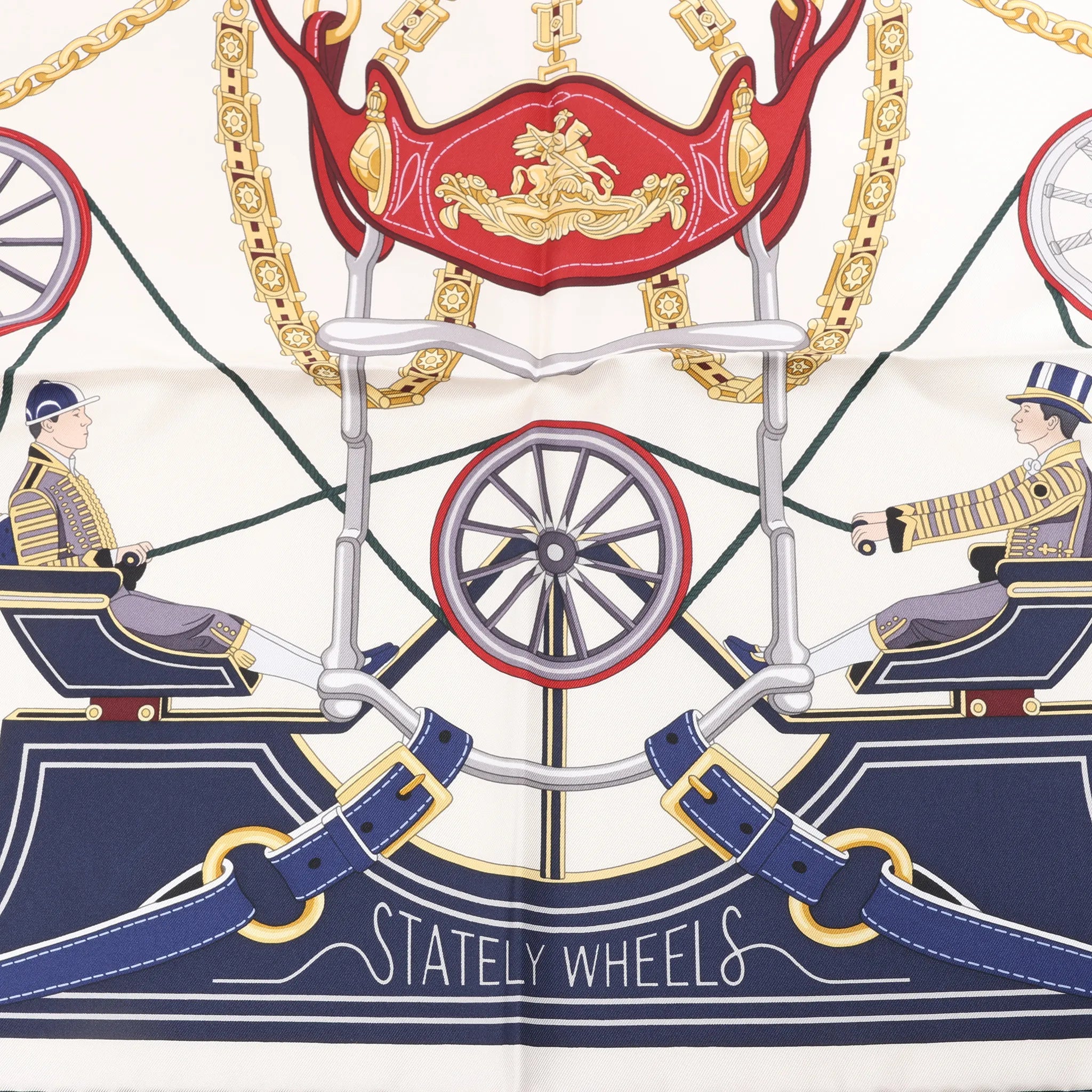 Hermès Carré 90 "STATELY WHEELS" Silk handkerchief in Ecru x Blue