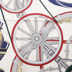 Hermès Carré 90 "STATELY WHEELS" Silk handkerchief in Ecru x Blue