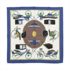 Hermès Carré 90 silk scarf in blue with cream center, carriage illustrations, geometric medallion motif, and blue border, laid flat