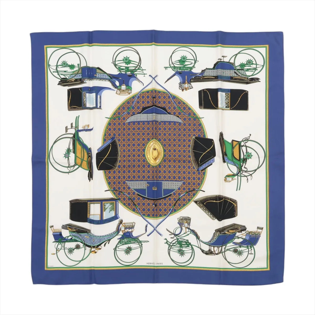 Hermès Carré 90 silk scarf in blue with cream center, carriage illustrations, geometric medallion motif, and blue border, laid flat