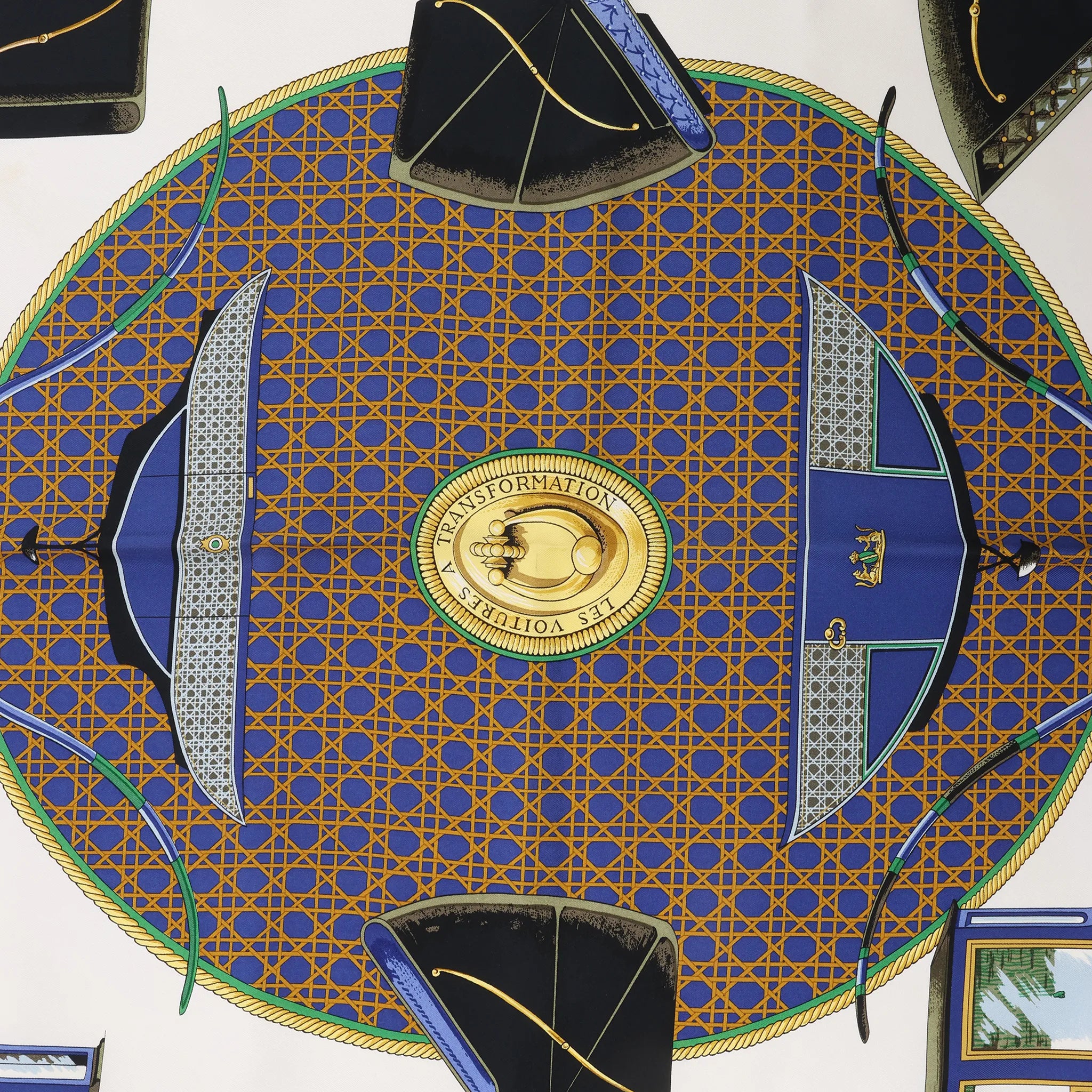 Hermès Carré 90 "LES VOITURES A TRANSFORMATION" Silk handkerchief in Blue