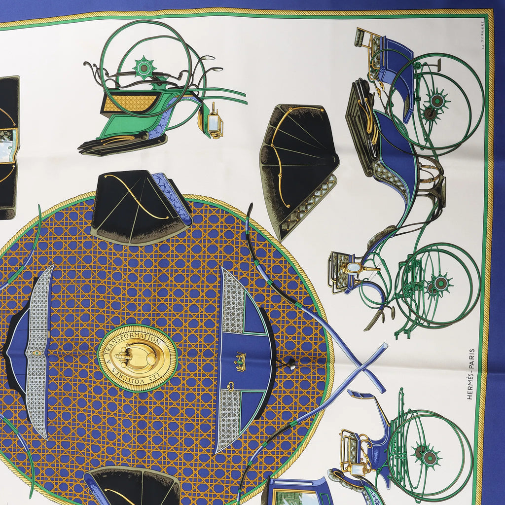 Hermès Carré 90 "LES VOITURES A TRANSFORMATION" Silk handkerchief in Blue