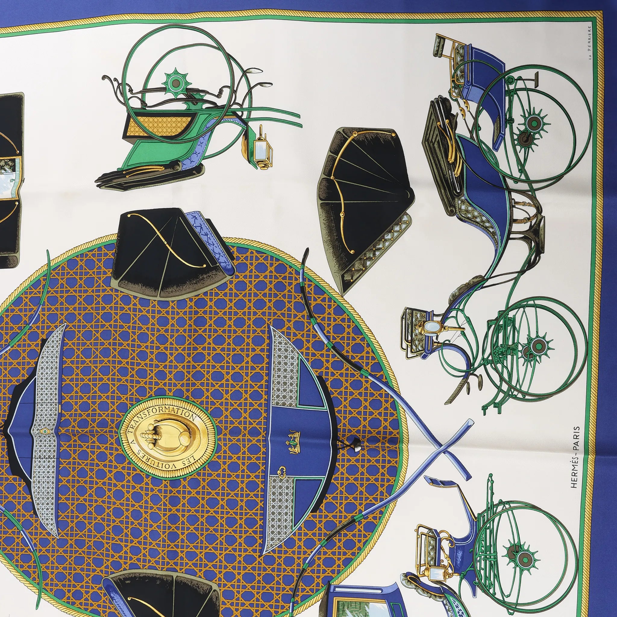 Hermès Carré 90 "LES VOITURES A TRANSFORMATION" Silk handkerchief in Blue