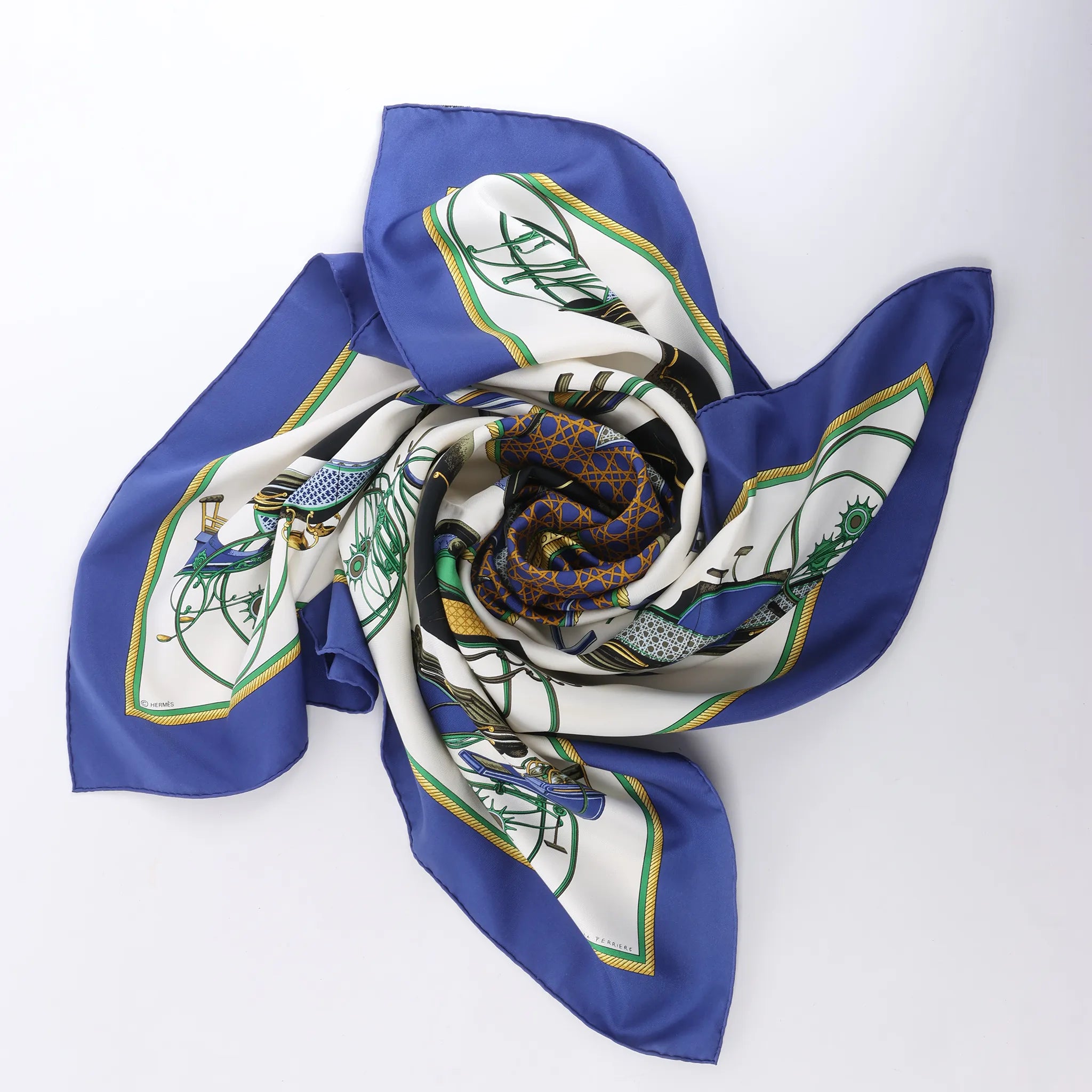 Hermès Carré 90 "LES VOITURES A TRANSFORMATION" Silk handkerchief in Blue