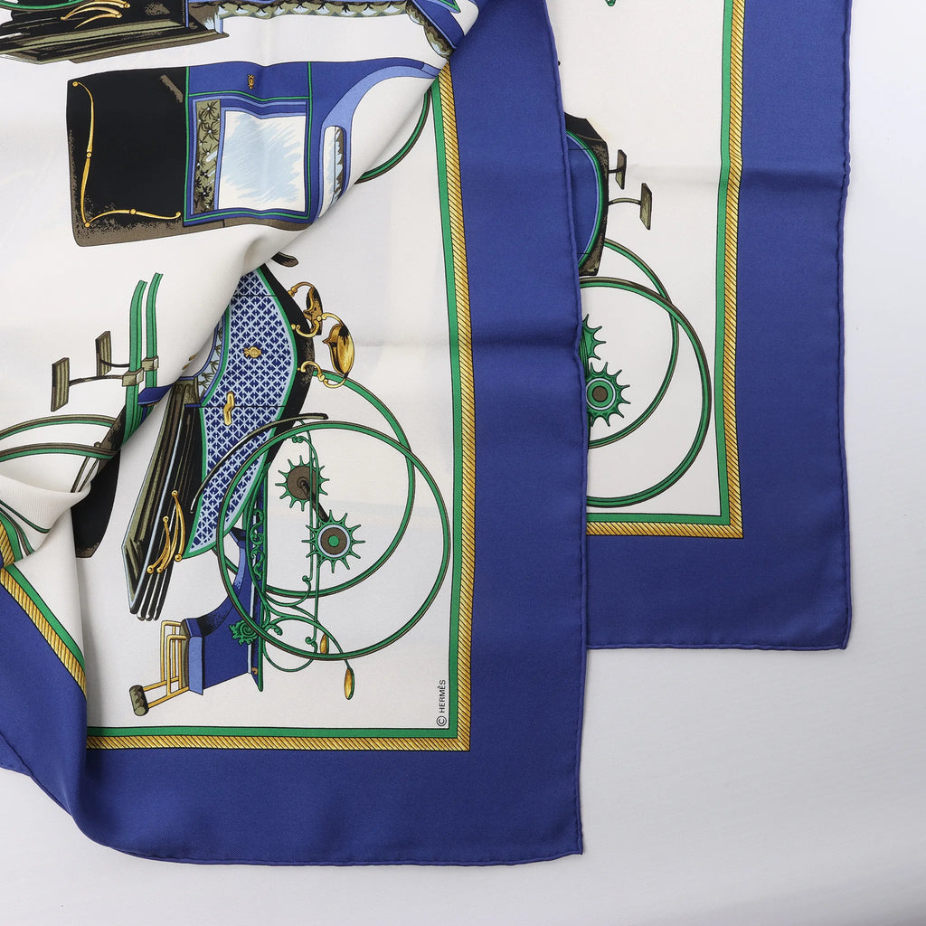 Hermès Carré 90 "LES VOITURES A TRANSFORMATION" Silk handkerchief in Blue