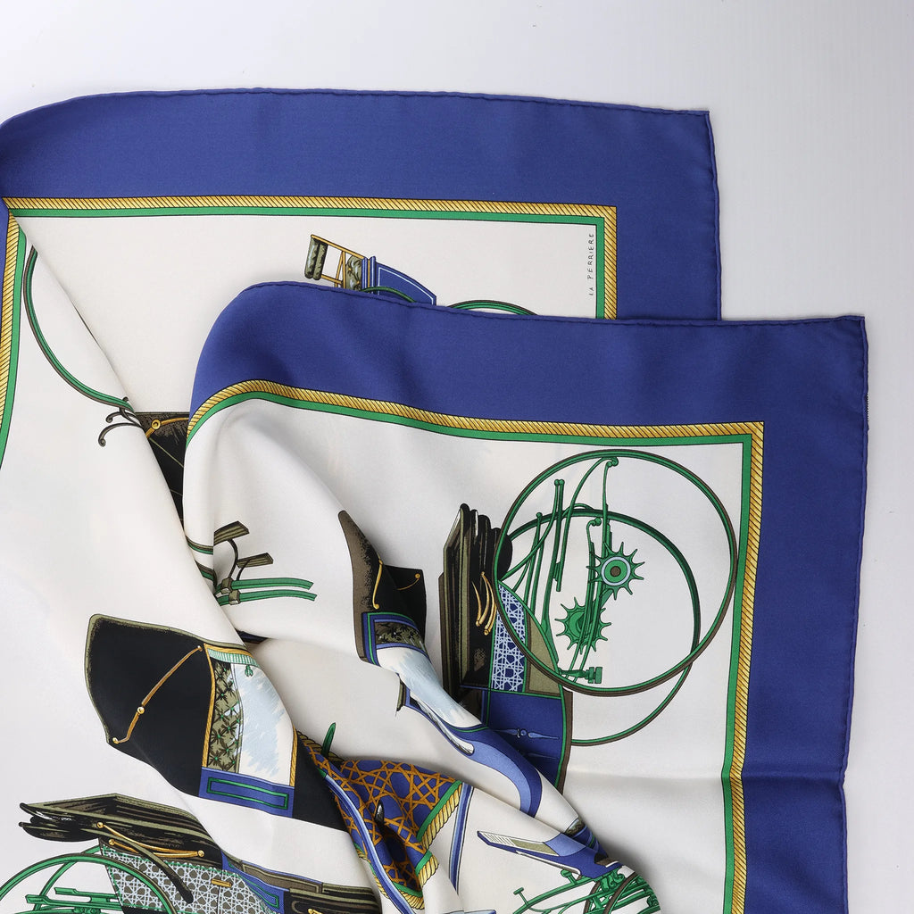 Hermès Carré 90 "LES VOITURES A TRANSFORMATION" Silk handkerchief in Blue