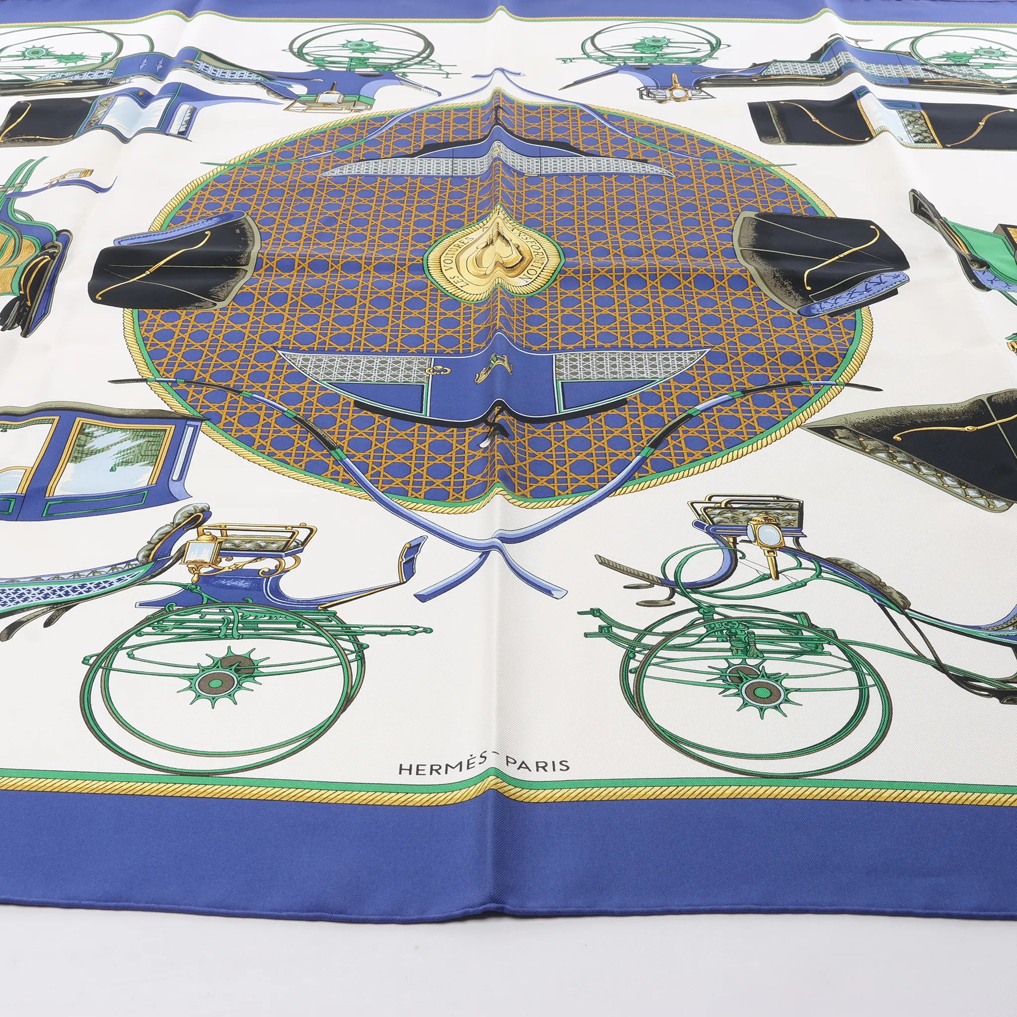 Hermès Carré 90 "LES VOITURES A TRANSFORMATION" Silk handkerchief in Blue