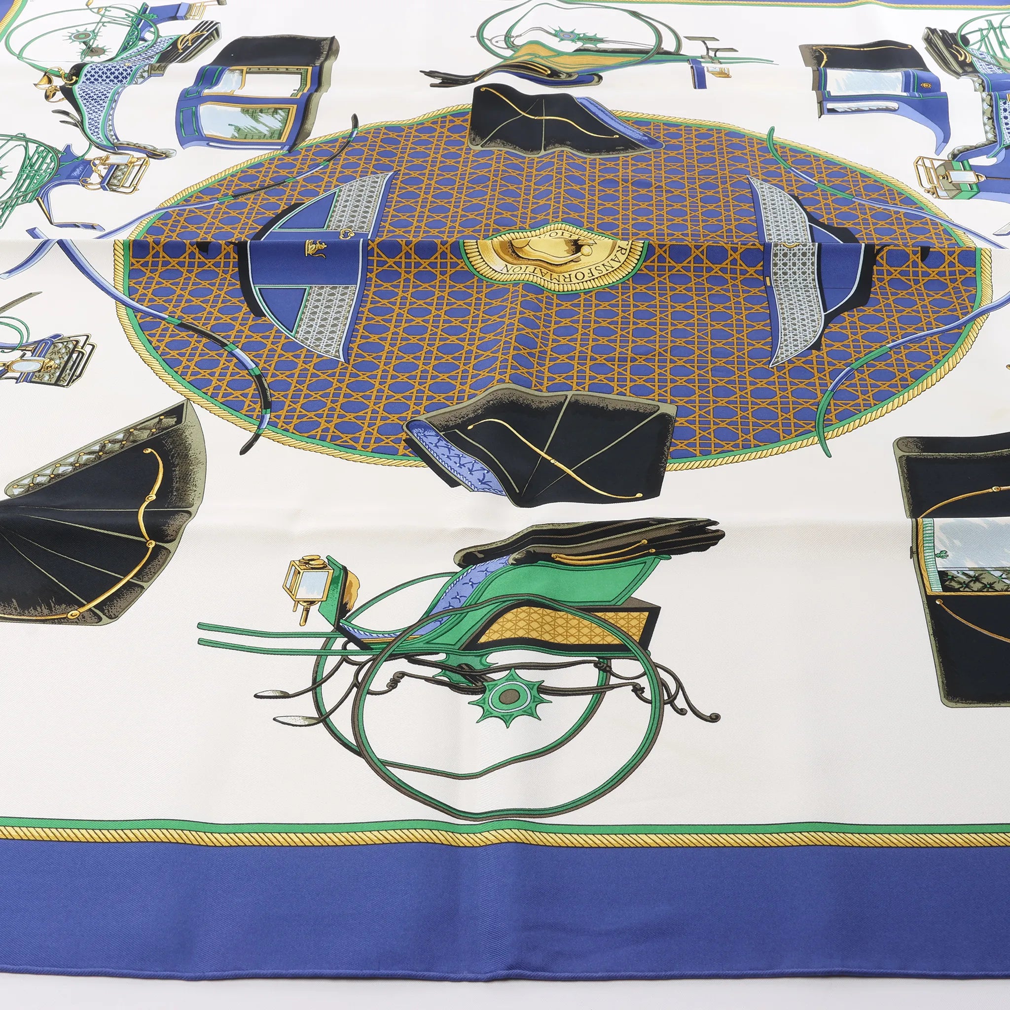 Hermès Carré 90 "LES VOITURES A TRANSFORMATION" Silk handkerchief in Blue