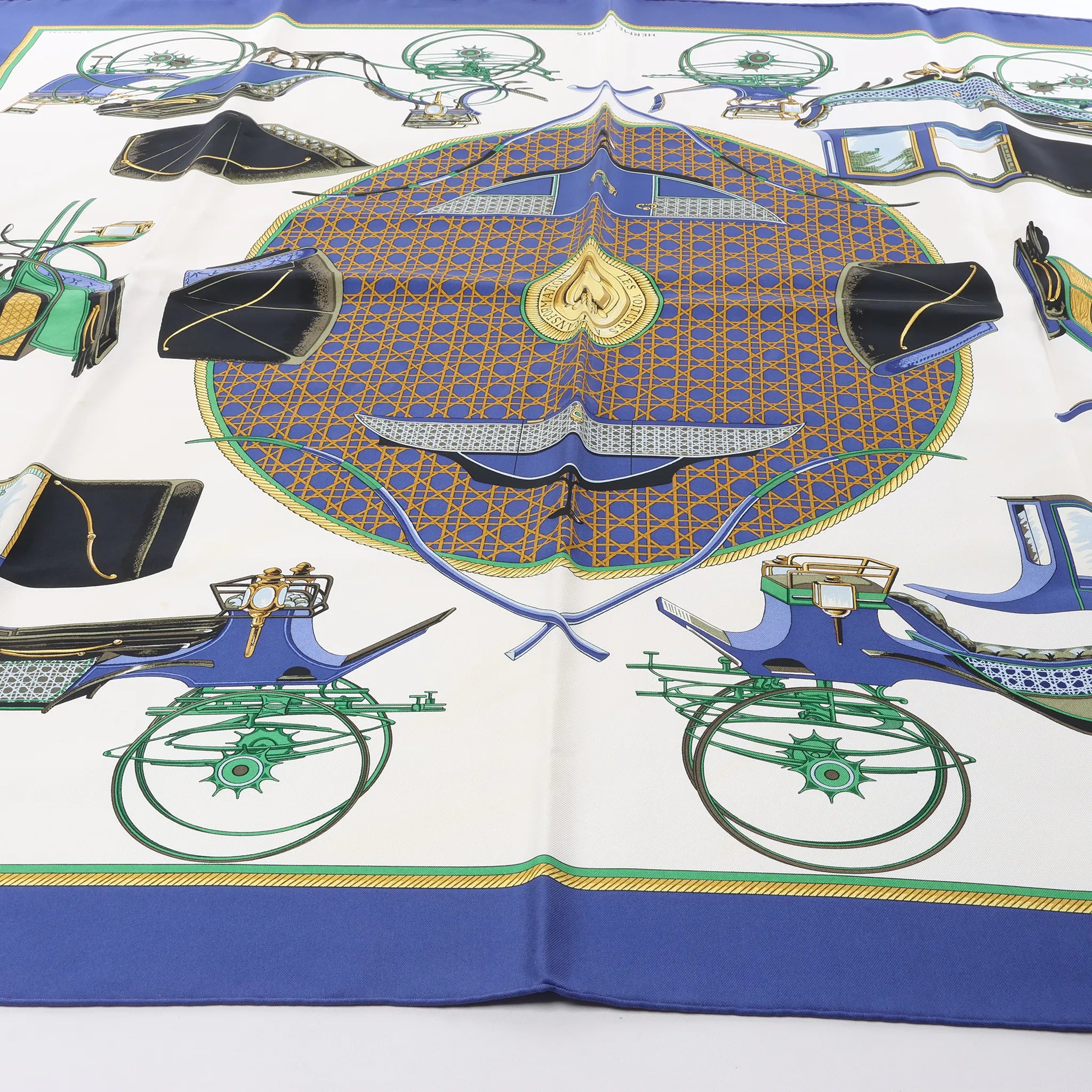 Hermès Carré 90 "LES VOITURES A TRANSFORMATION" Silk handkerchief in Blue