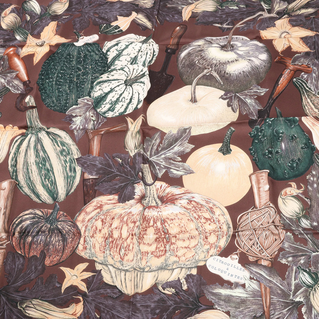 Hermès Carré 90 "CITROUILLES&COLOQU INTES" Silk handkerchief in Brown