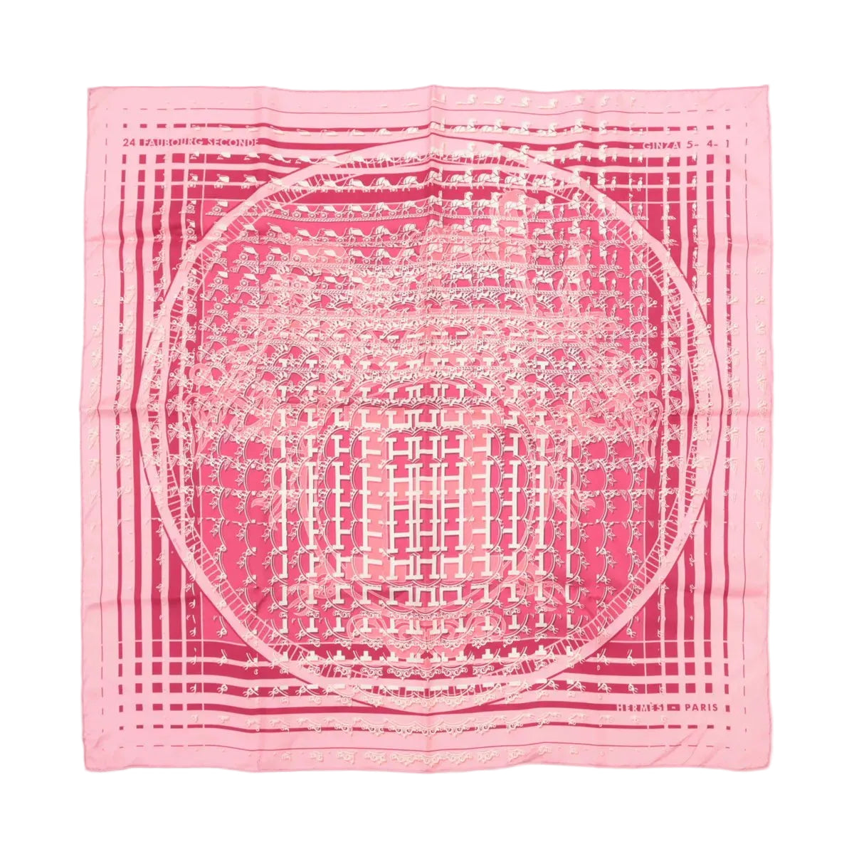 Hermès Carré 90 “Ginza 10th Anniversary” silk scarf in pink with layered grid pattern and central circular motif, Hermès Paris text at edge.