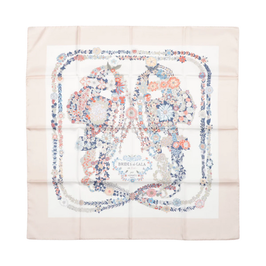 Hermès Carré 90 "RIDES DE GALA EN FLEURS" 100% Silk Scarf in Beige