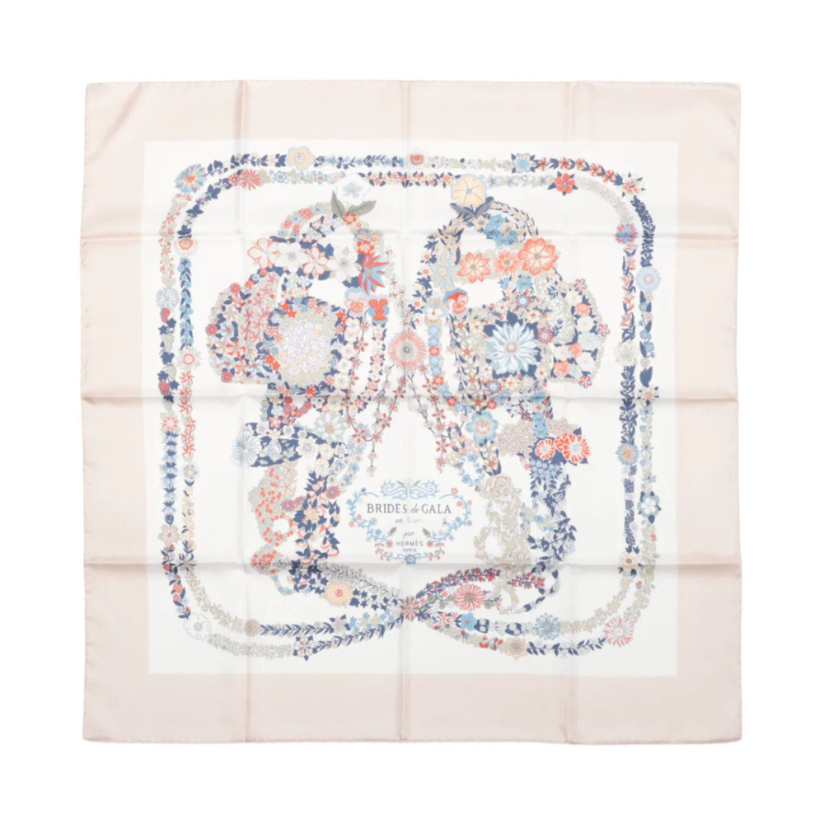 Hermès Carré 90 "RIDES DE GALA EN FLEURS" 100% Silk Scarf in Beige