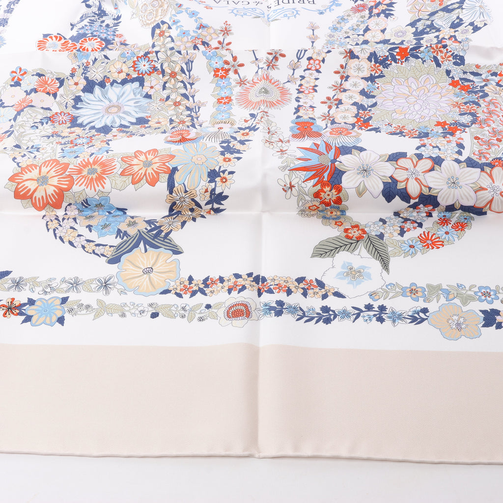 Hermès Carré 90 "RIDES DE GALA EN FLEURS" 100% Silk Scarf in Beige