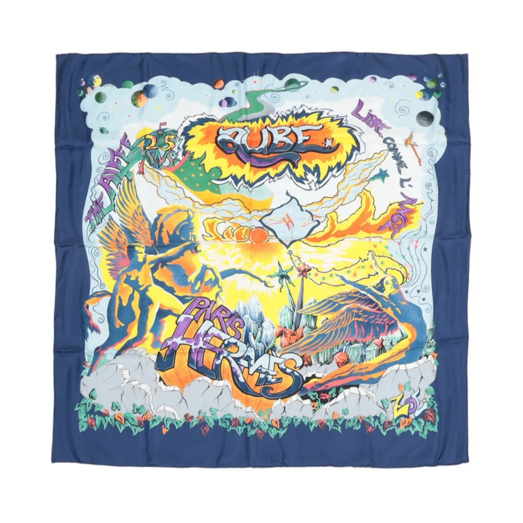Hermès Carré 90 navy blue silk scarf with colorful graphic artwork, winged figures, “CUBE” and “PARIS” text, and a dark blue border
