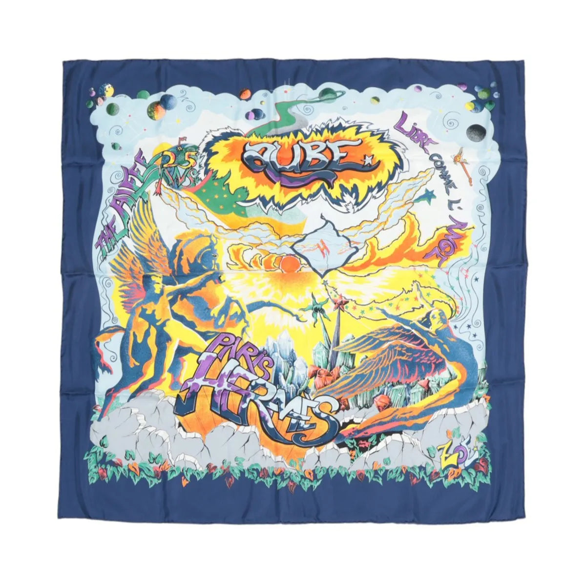 Hermès Carré 90 navy blue silk scarf with colorful graphic artwork, winged figures, “CUBE” and “PARIS” text, and a dark blue border