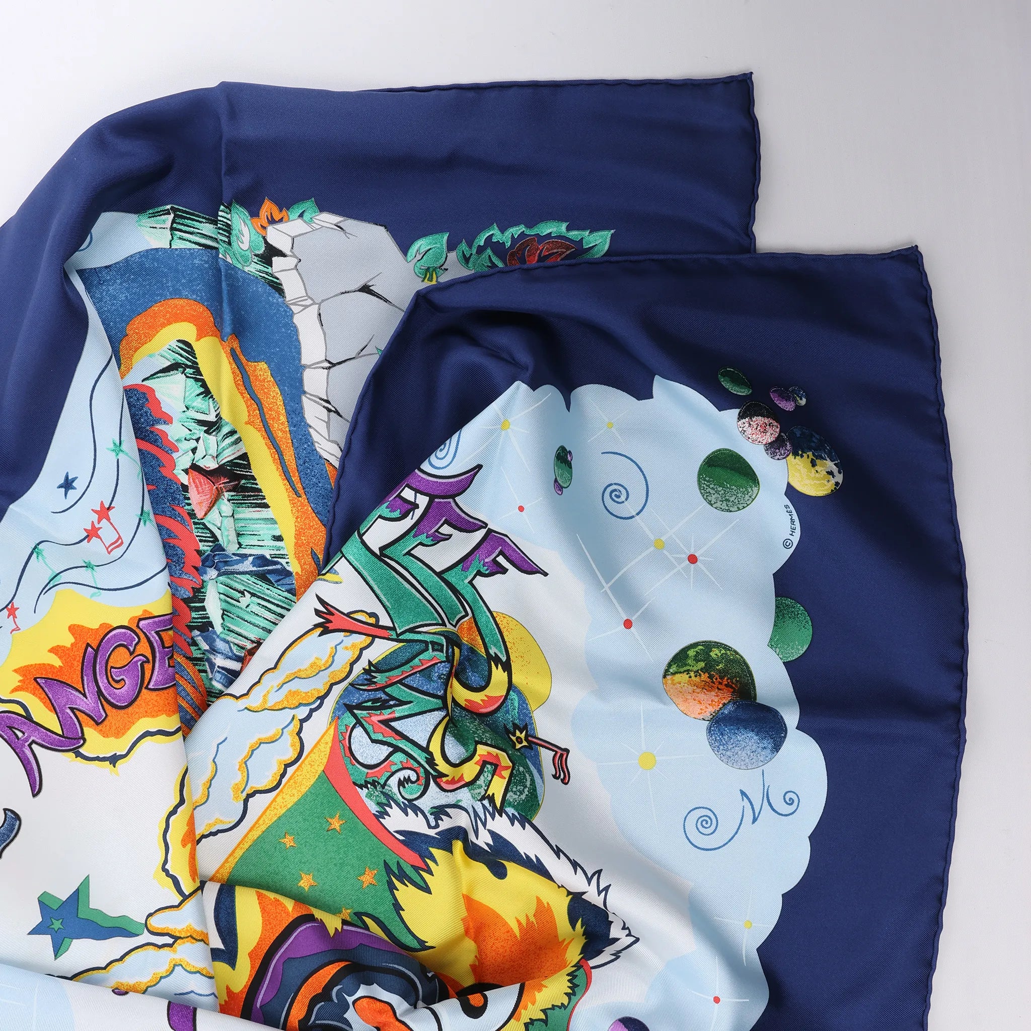 Hermès Carré 90 "THE ALFEE AUBE" Silk handkerchief in Navy Blue
