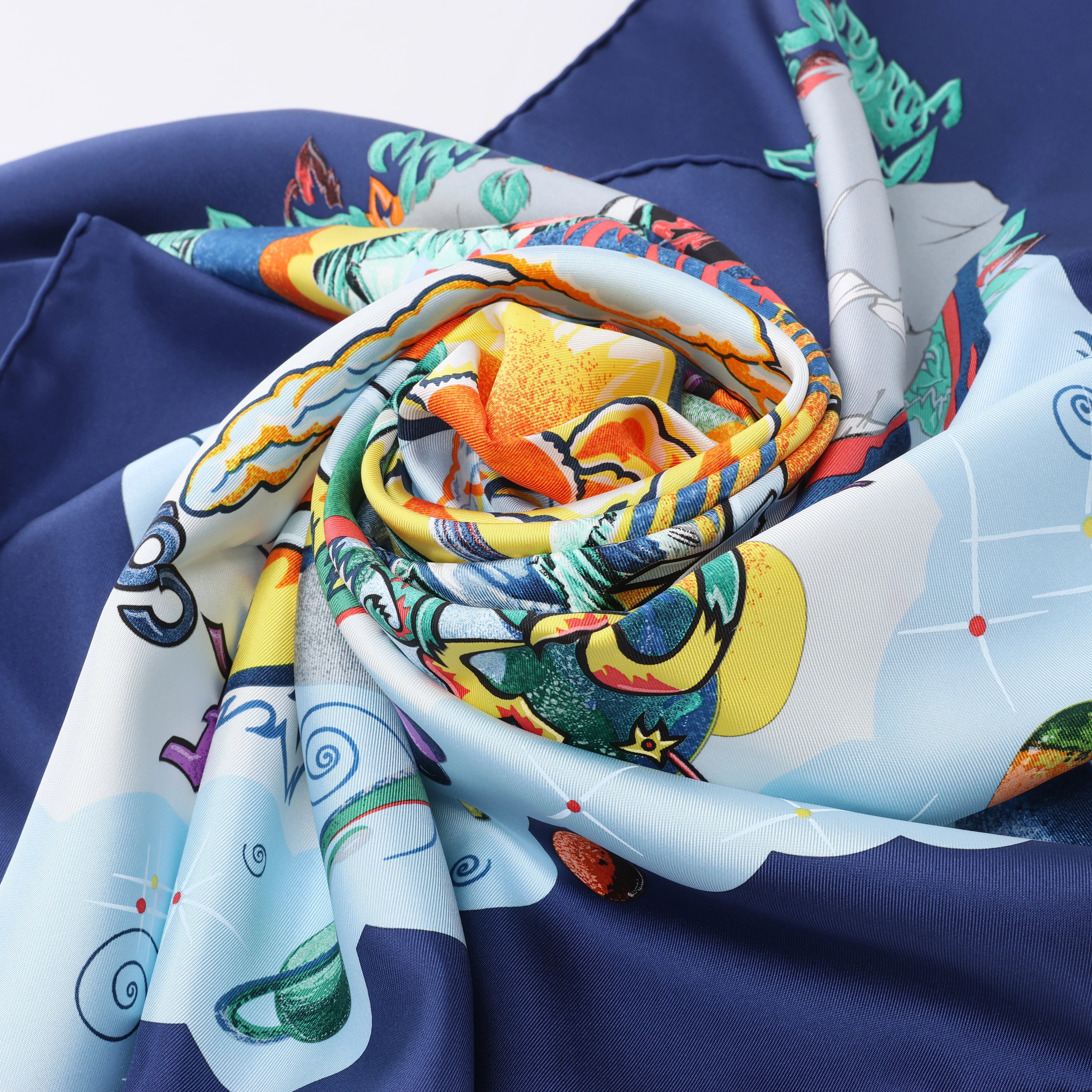 Hermès Carré 90 "THE ALFEE AUBE" Silk handkerchief in Navy Blue