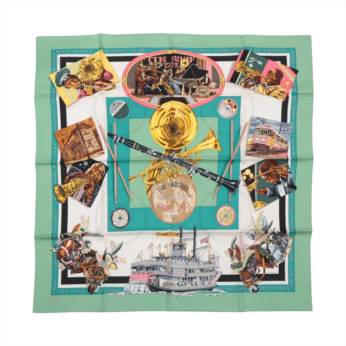 Hermès Carré 90 "The Original New Orleans Creole Jazz 1923" silk scarf in green featuring illustrated jazz musicians, brass instruments, a steamboat, a streetcar, and musical notes in a vibrant New Orleans theme.