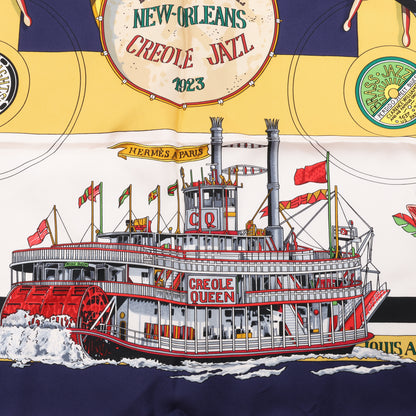 Carré Hermès Carré 90 « THE ORIGINAL NEW ORLEANS CREOLE JAZZ 1923 » 100 % soie bleu marine