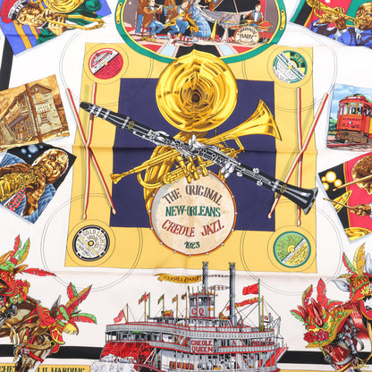 Carré Hermès Carré 90 « THE ORIGINAL NEW ORLEANS CREOLE JAZZ 1923 » 100 % soie bleu marine