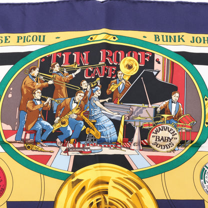 Carré Hermès Carré 90 « THE ORIGINAL NEW ORLEANS CREOLE JAZZ 1923 » 100 % soie bleu marine