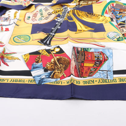 Carré Hermès Carré 90 « THE ORIGINAL NEW ORLEANS CREOLE JAZZ 1923 » 100 % soie bleu marine