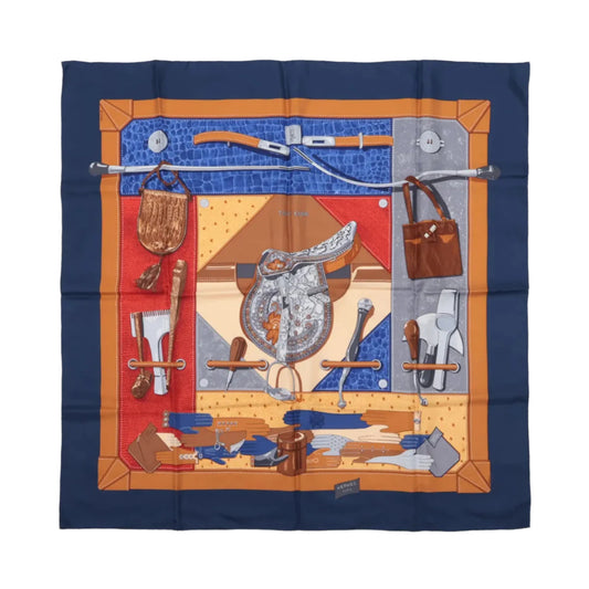 Hermès Carré 90 "TOUT CUIR" 100% Soie Foulard en Bleu Marine