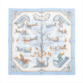 Hermès Carré 90 "Traineaux et Glissades" silk scarf in blue, featuring a central tree surrounded by horse-drawn sleighs, ice skaters, and winter motifs in soft orange, white, and grey tones with a blue and cream border.