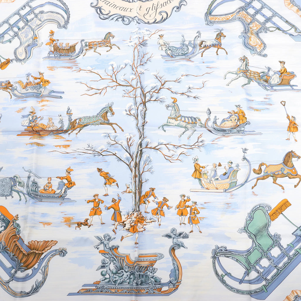 Hermès Carré 90 "Traineaux et glissades" Silk handkerchief in Blue